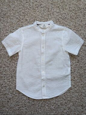 H&M White Short-Sleeve Textured  100% cotton Button-Down Shirt